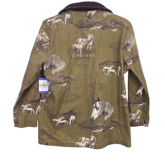 Bit & Bridle Womens L Chore Barn Jacket Brown Horse AOP Corduroy Trim Equestrian - Picture 2 of 16